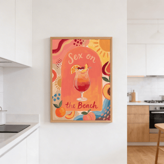 Colourful Drink Poster of a Sex on the Beach cocktail illustration in warm watercolour tones in a modern kitchen