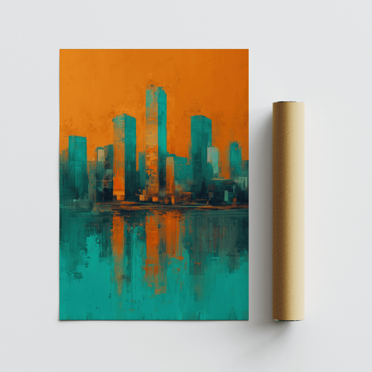 Modern Skyline Poster rolled print with packaging tube showing abstract city skyline in orange and teal