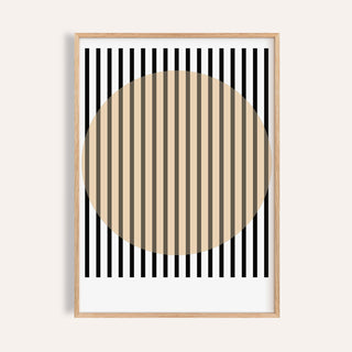 Framed print of office posters with a beige circle and black stripes on a white background