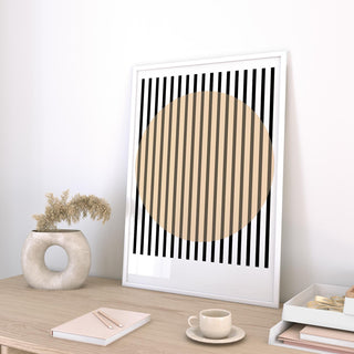 Office Posters print with black vertical stripes over beige circle on a desk with cup and vase