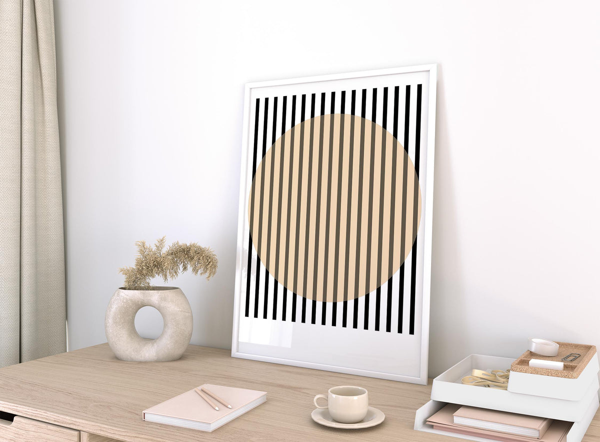 Office Posters print with black vertical stripes over beige circle on a desk with cup and vase