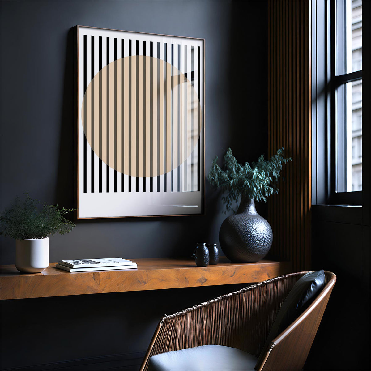 Office posters print of black stripes over a beige circle on a dark wall above a wooden shelf with plants