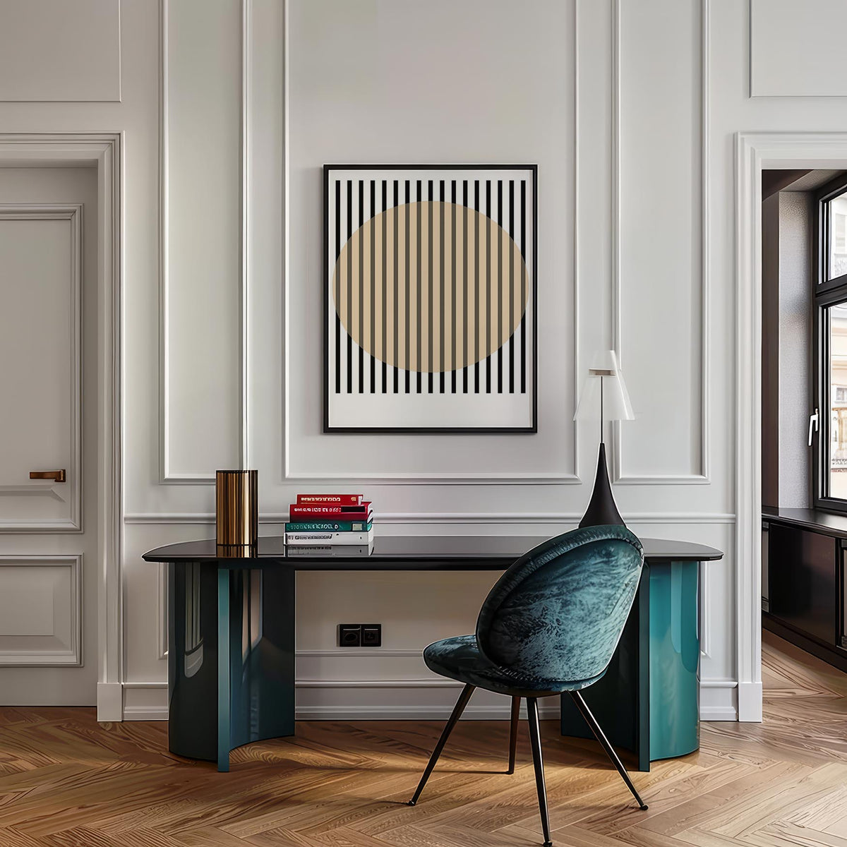 Office Posters wall art of a beige circle and black stripes above a desk with books and lamp