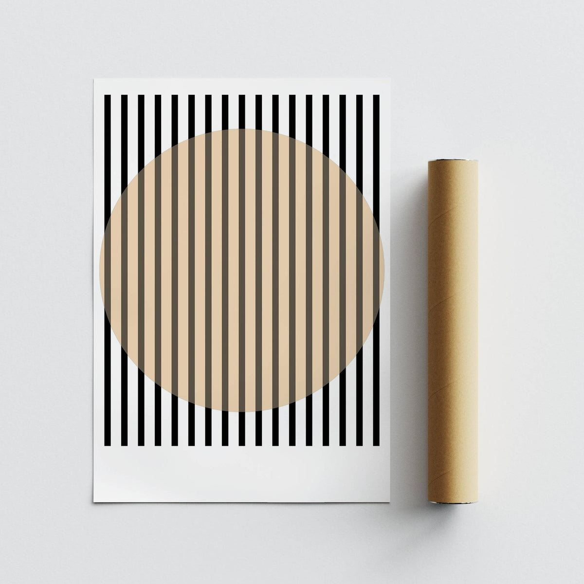 Striped Elegance wall art print with beige circle and black stripes beside a brown packaging tube