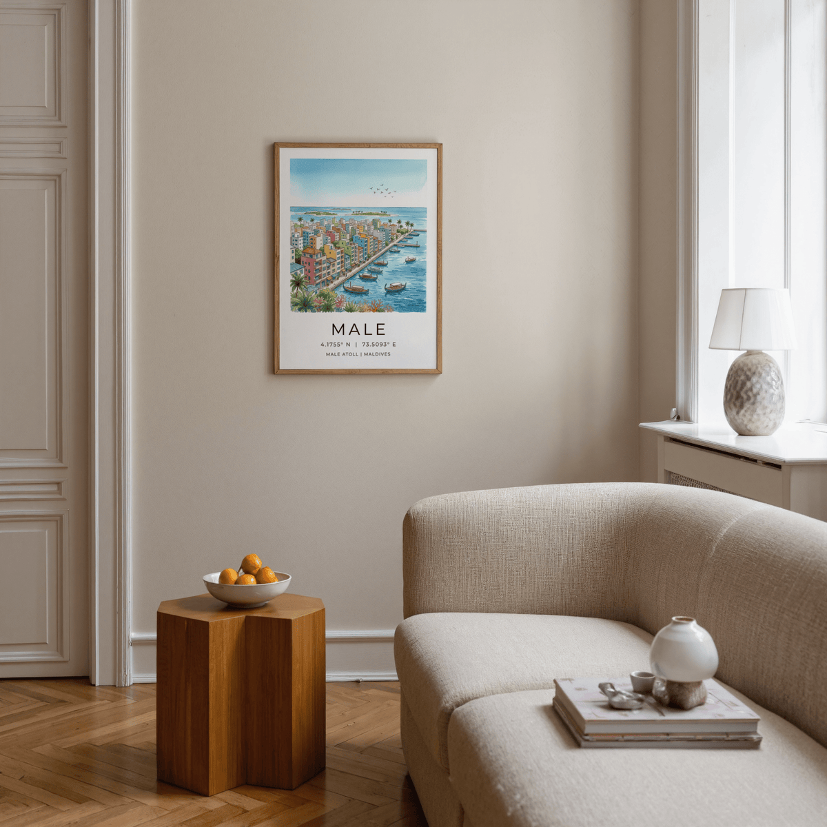 Maldives City Art Print watercolour of boats and colourful buildings in a cosy living room with a wooden side table