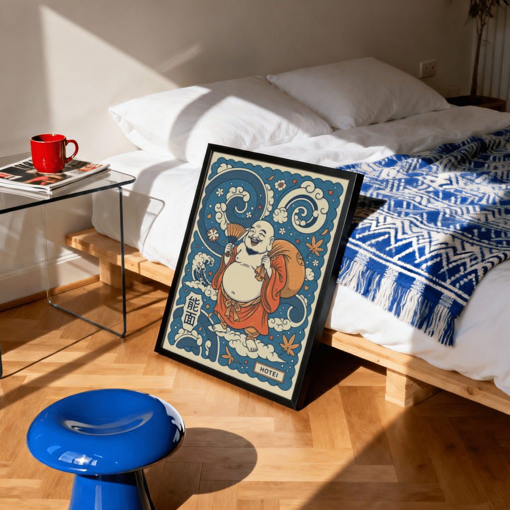 Hotei wall art print leaning on floor by bed with white bedding and blue blanket in sunny bedroom