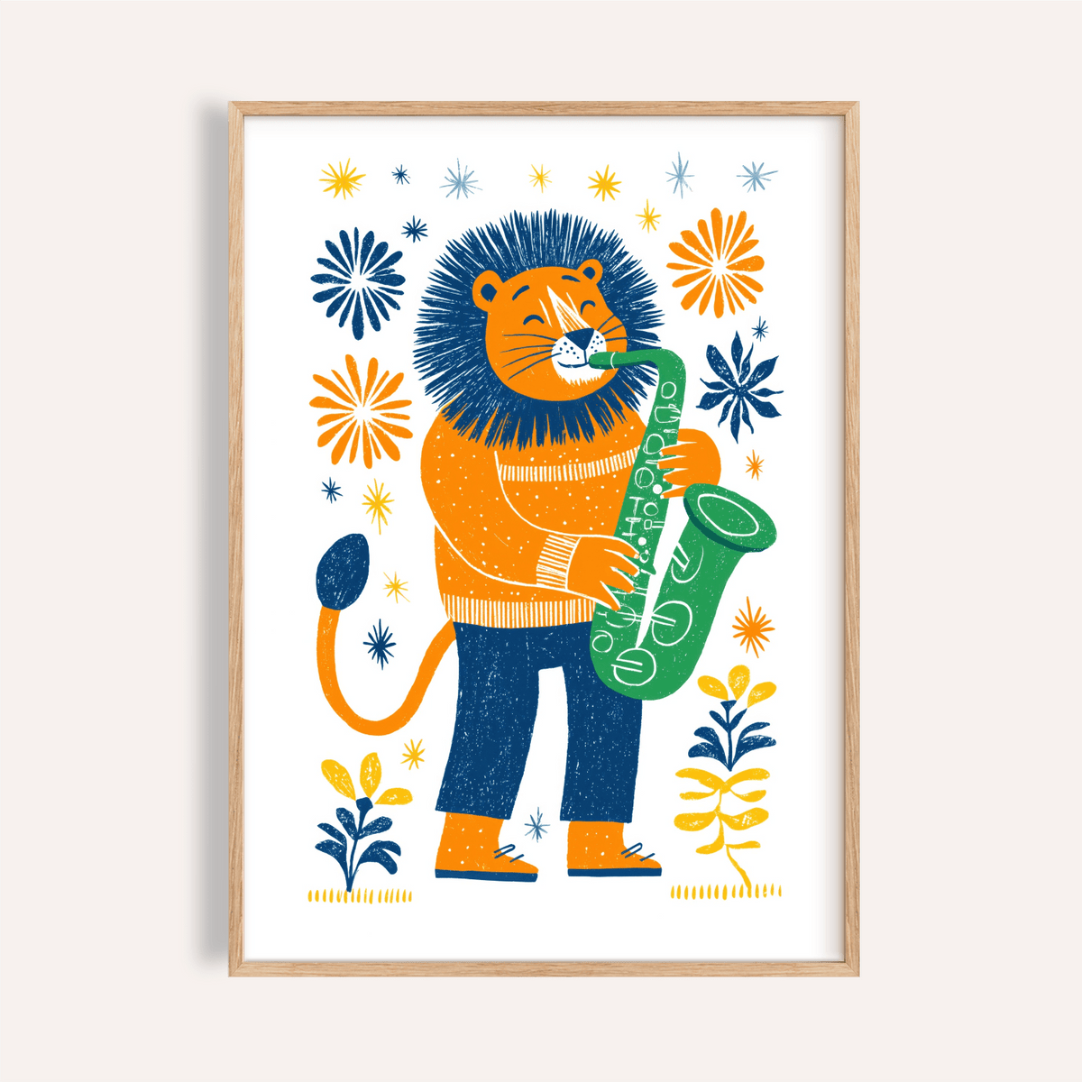 Framed Saxophone Lion Art Print showing a folk-art style lion playing a green saxophone with orange and blue details