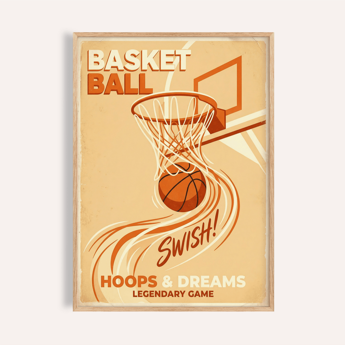 Framed basketball art print of a ball swishing through a hoop in retro beige and orange tones