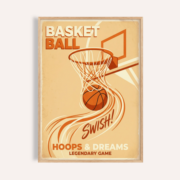 Framed basketball art print of a ball swishing through a hoop in retro beige and orange tones