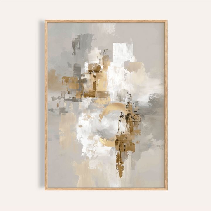 Framed abstract gold wall art with beige and grey shapes on a cream background