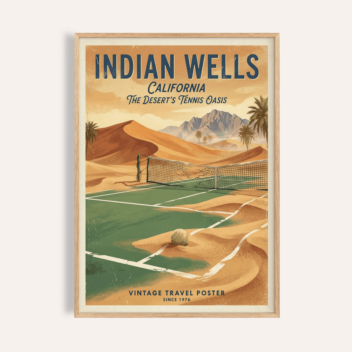 Framed Vintage Tennis Poster showing a desert tennis court with sand dunes and a ball