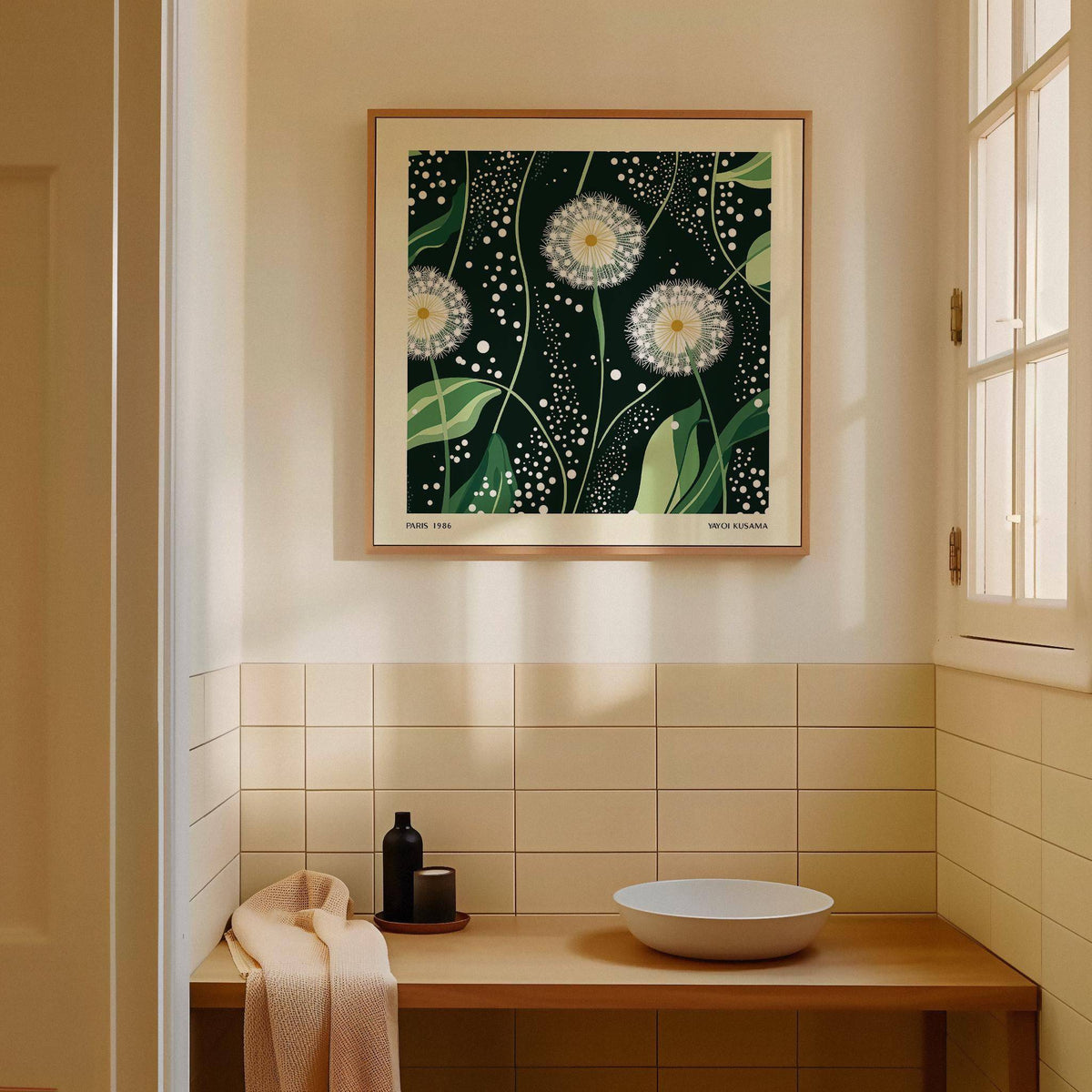 Green wall decor botanical illustration of dandelion seed heads in a muted beige tiled room
