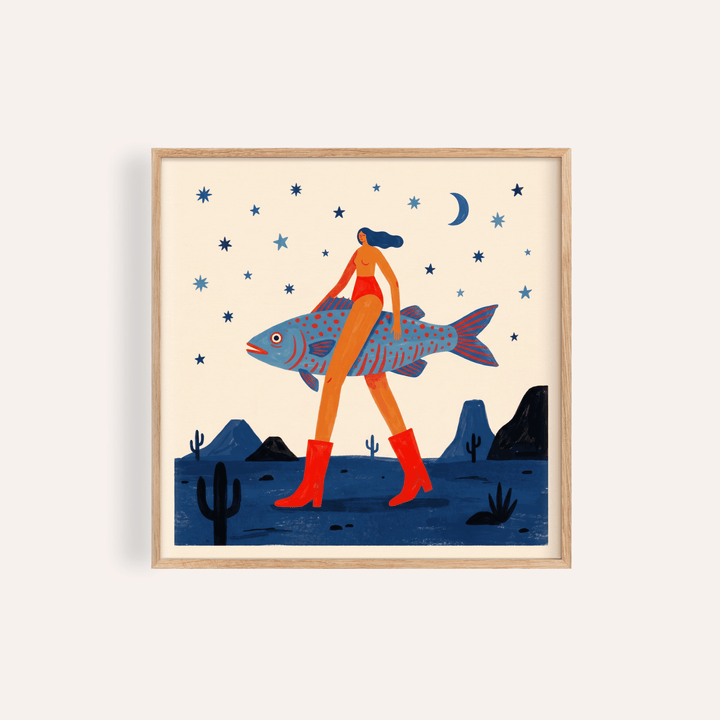 Surrealist Fish Art Print of a woman with red boots carrying a large fish under a starry sky