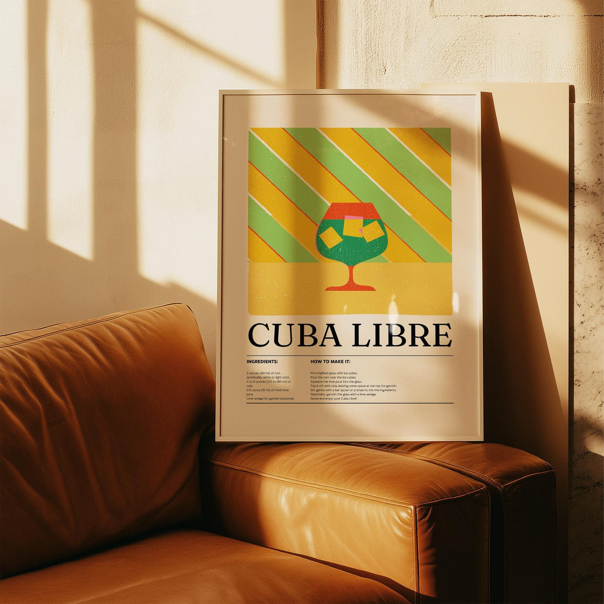 Large Colorful Wall Art of cuba libre cocktail illustration with yellow green and red tones leaning on a leather sofa