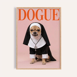 Chihuahua Nun Costume Art framed print close-up showing a dog in black and white nun attire with a cross pendant