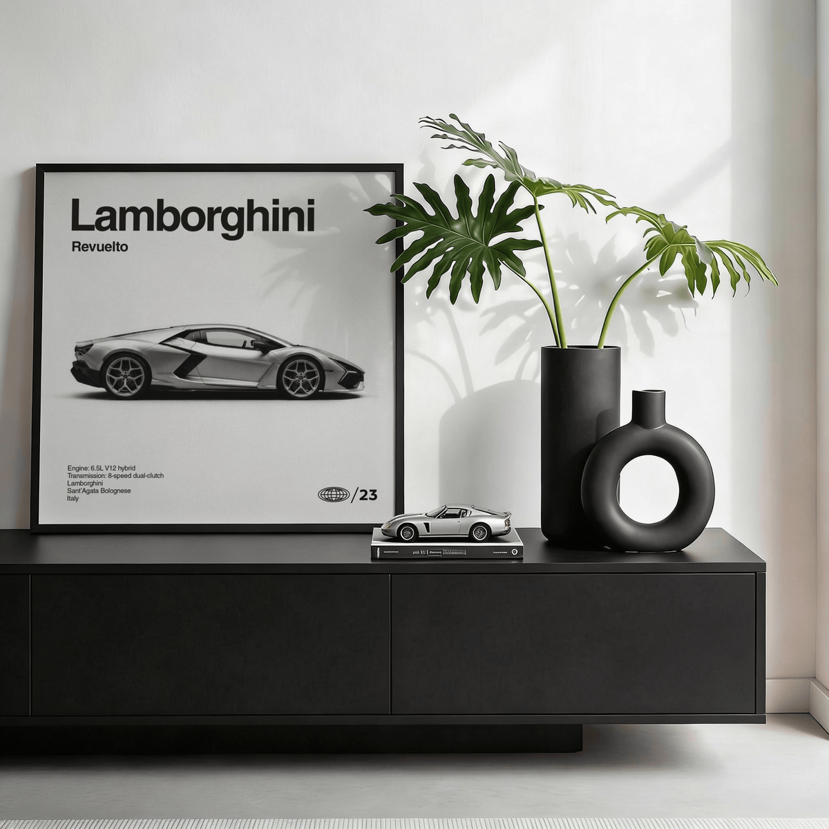 Classic car side profile poster in black and white, perfect for automotive rooms