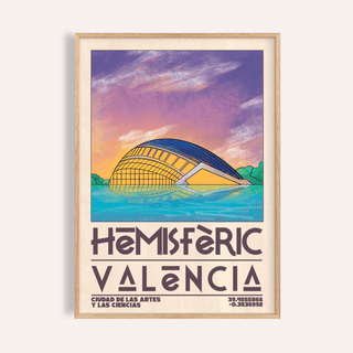 Framed Valencia City Art Print of a hemispheric building with purple and orange sky in detail close-up