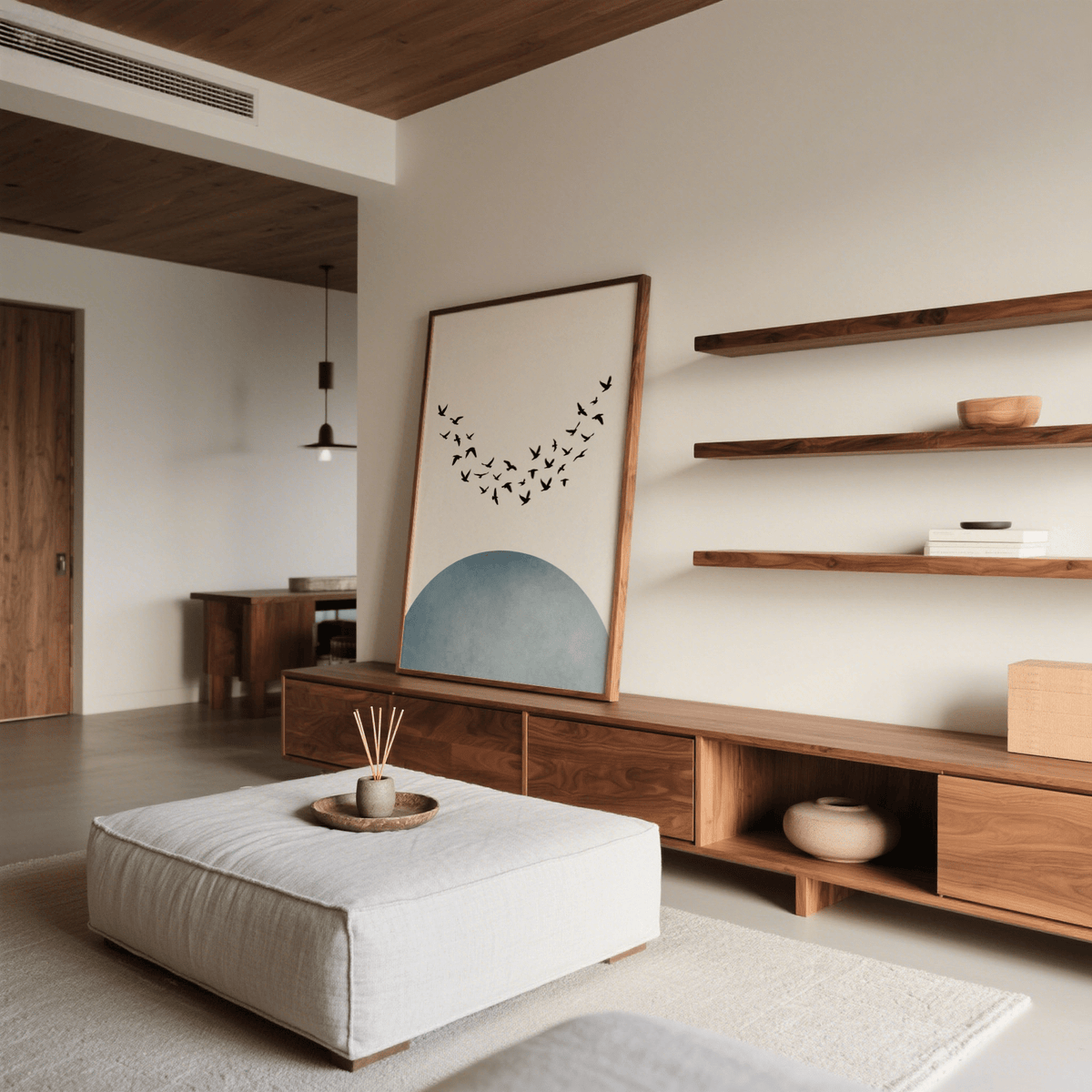 Minimal wall decor leaning on a wooden cabinet with black birds and blue abstract shape in a living room