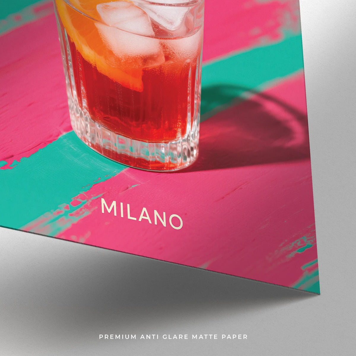 Detail close-up of Retro Cocktail Art showing the Negroni cocktail glass and Milano text on bright pink and teal background