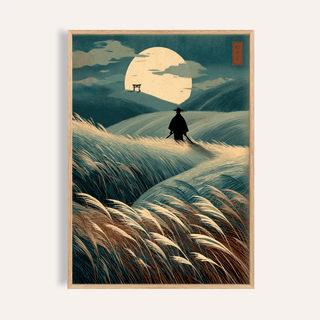 Japanese Landscape Art of a samurai silhouette in a moonlit grassy field with blue and brown tones