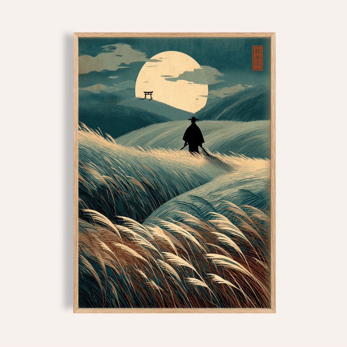 Japanese Landscape Art of a samurai silhouette in a moonlit grassy field with blue and brown tones