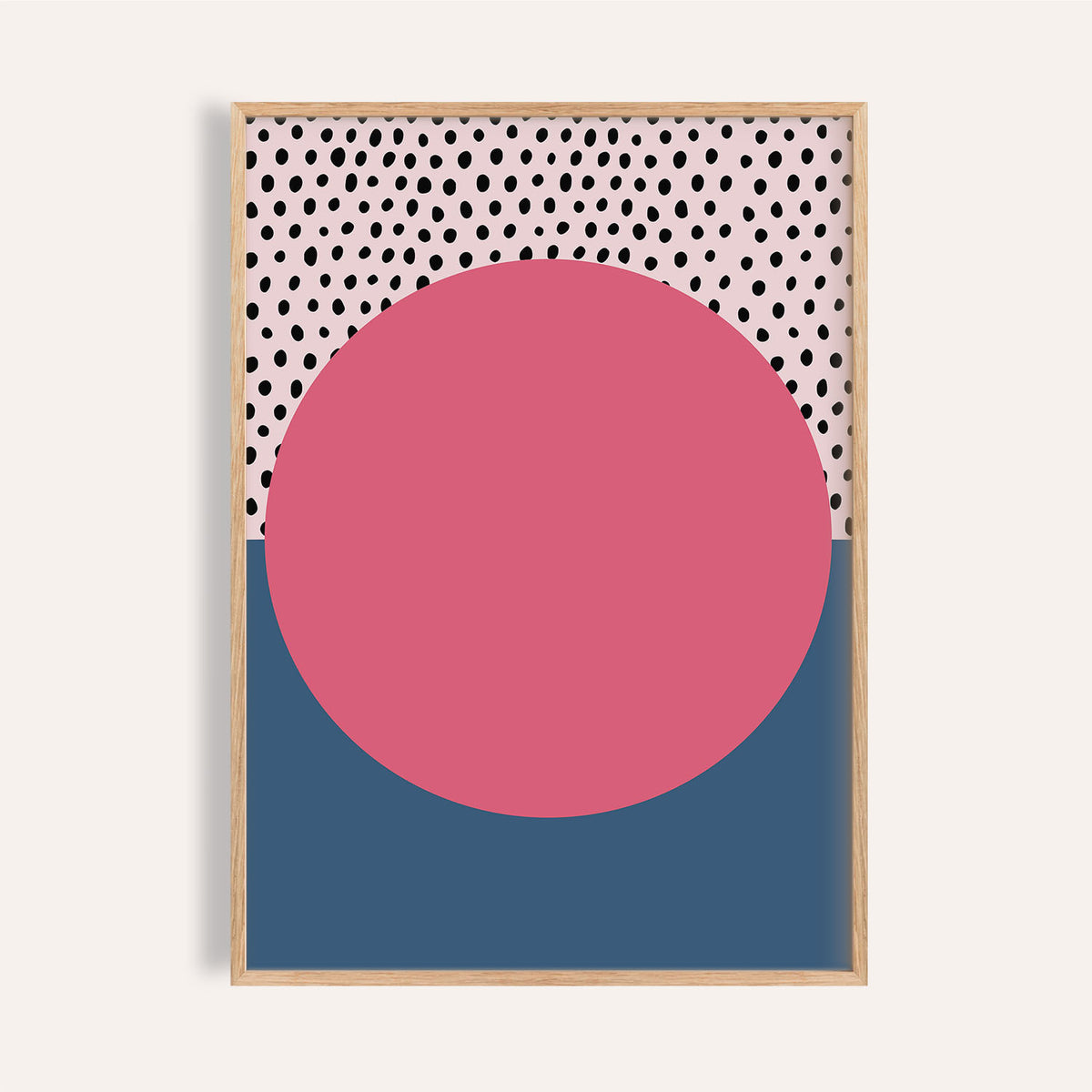 Framed print Modern Abstract Art Geometric with a pink circle, black dots on pink and blue background