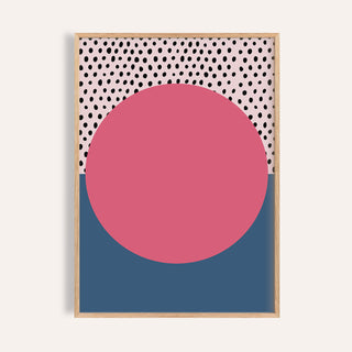 Framed print Modern Abstract Art Geometric with a pink circle, black dots on pink and blue background