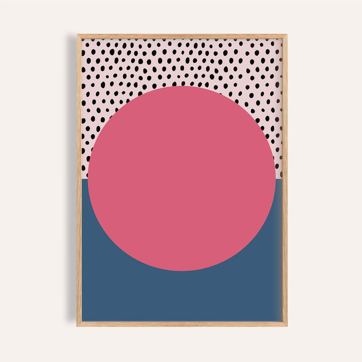 Framed print Modern Abstract Art Geometric with a pink circle, black dots on pink and blue background