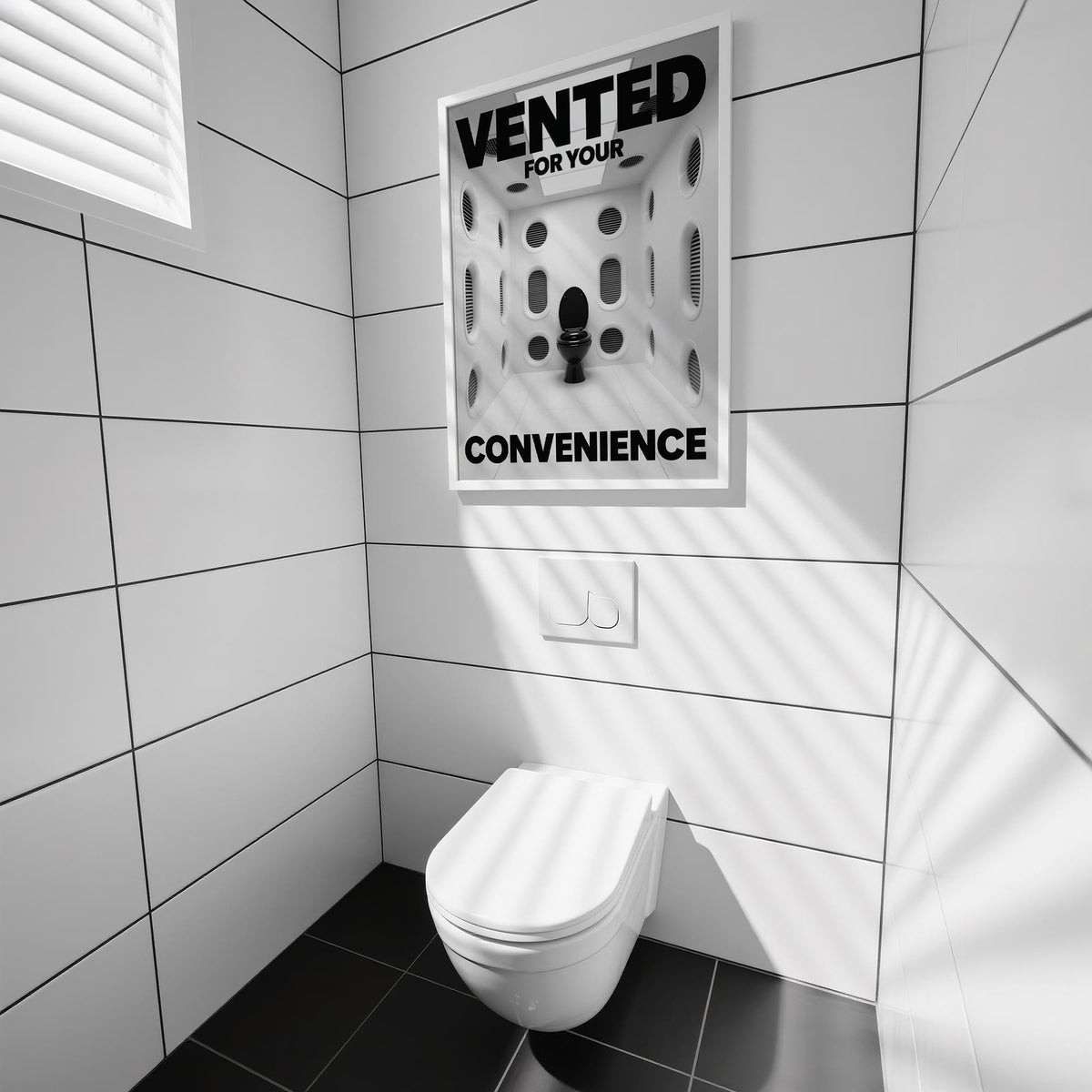 Funny Toilet Sign framed print in a tiled bathroom above a white toilet with black floor tiles