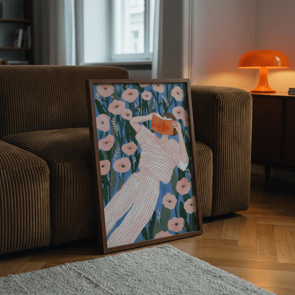 Print leaning on a sofa of a woman reading with pink flowers and blue background in a contemporary style