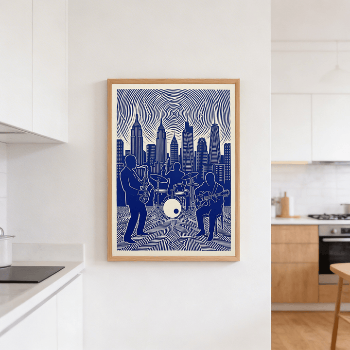 Jazz band wall art in blue and cream tones hanging on a white wall in a kitchen scene
