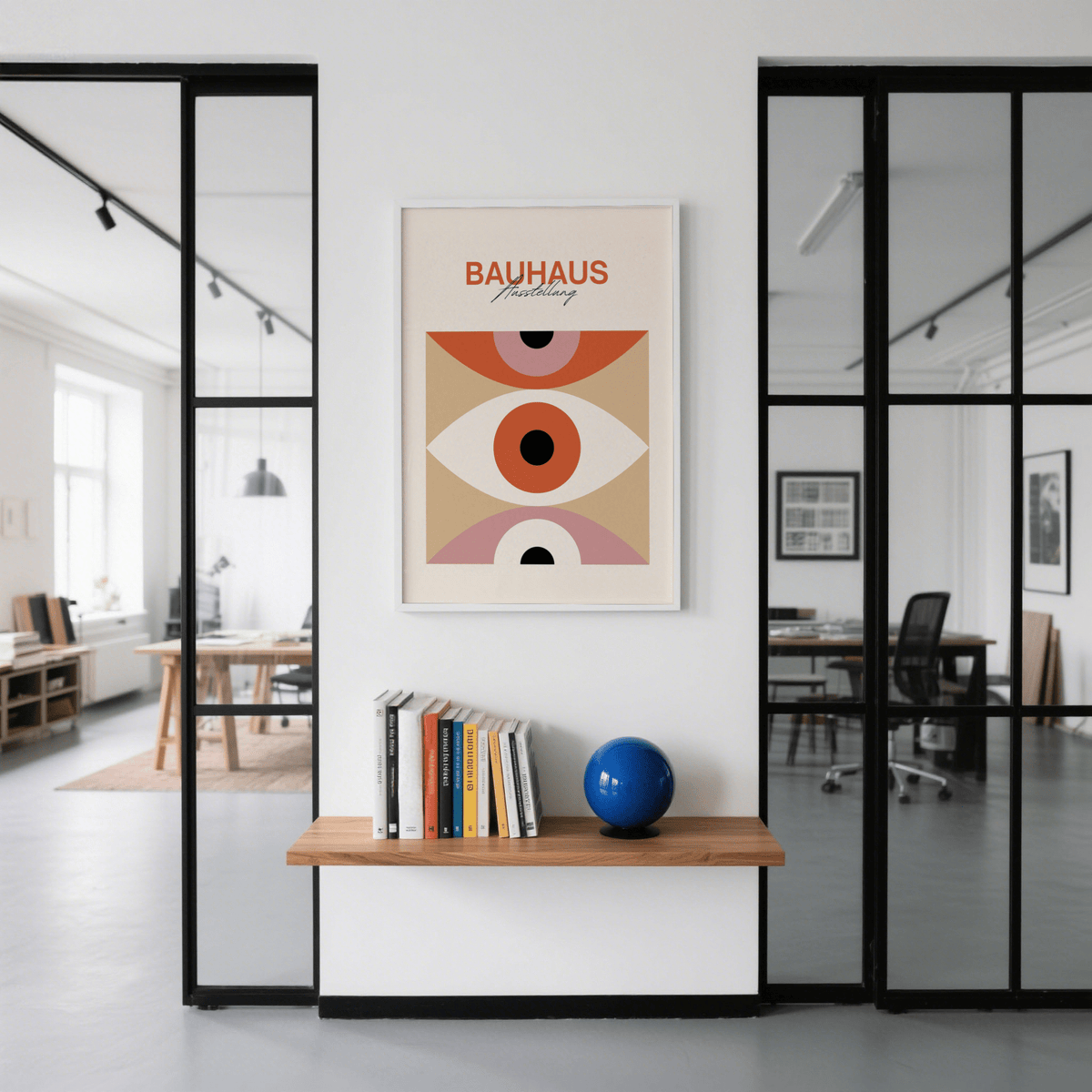 Minimalist Eye Art print with red and beige abstract eye shapes above a shelf with books and a blue decorative ball