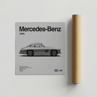 Classic Gullwing Sports Car Poster flat on a surface next to a brown packaging tube