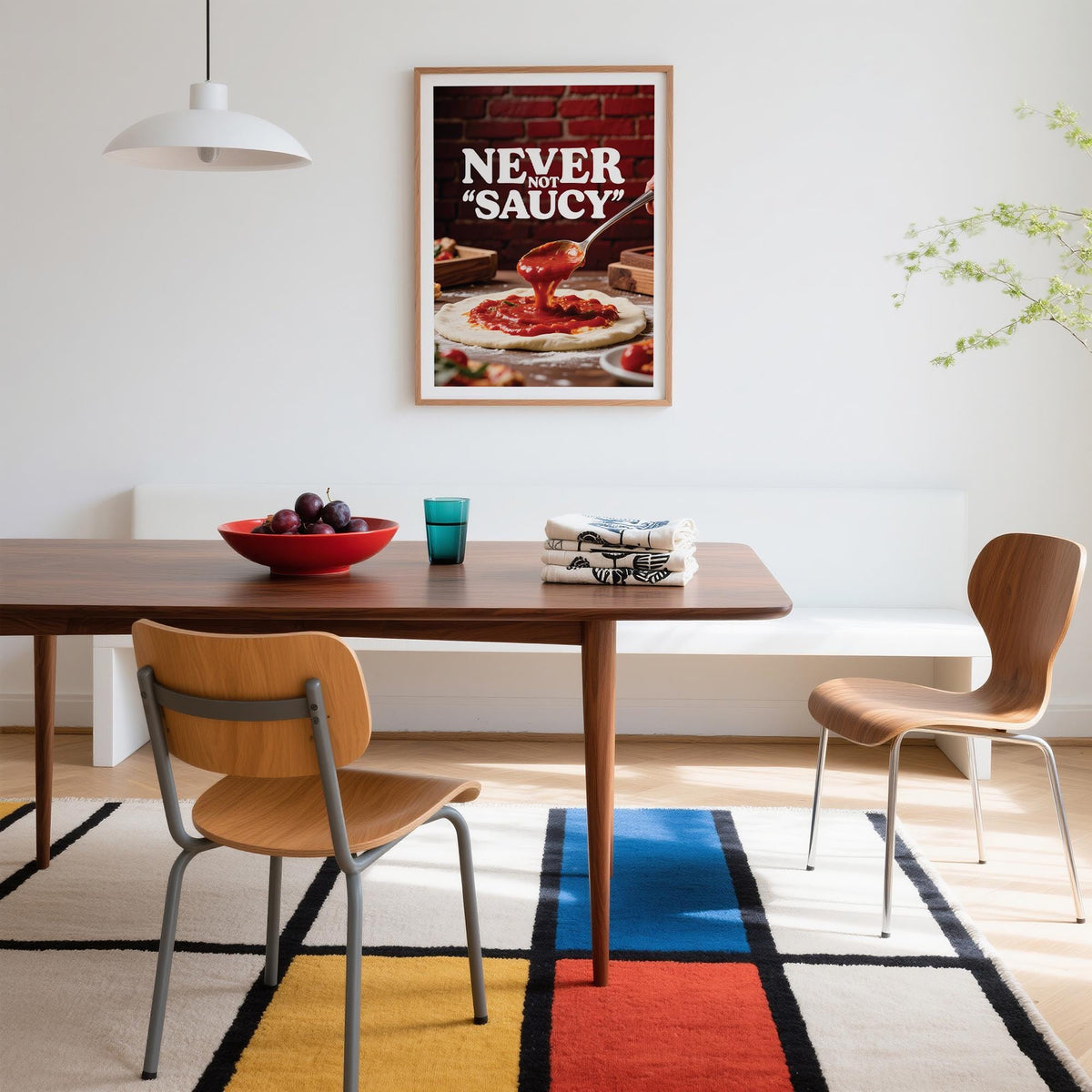 Print of pizza wall art showing sauce on dough in a white frame above a dining table with chairs
