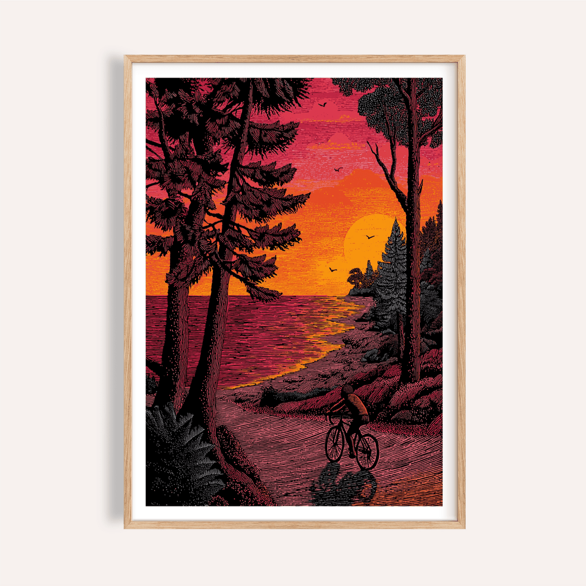 Framed Bicycle Adventure Print of a cyclist at sunset with pink and orange sky