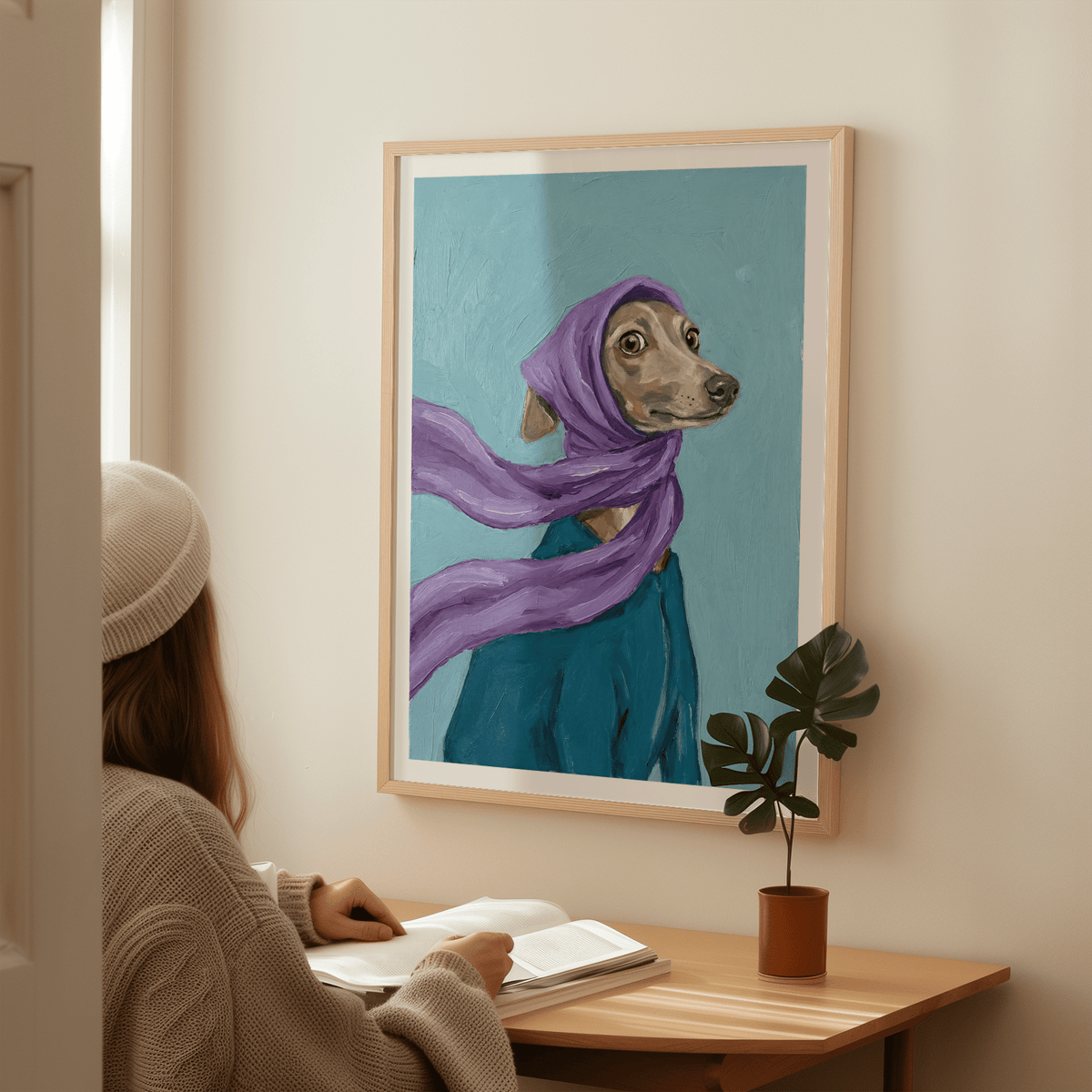 Dressed Up Dog Art framed print of a dog in a purple scarf above a wooden desk with a potted plant
