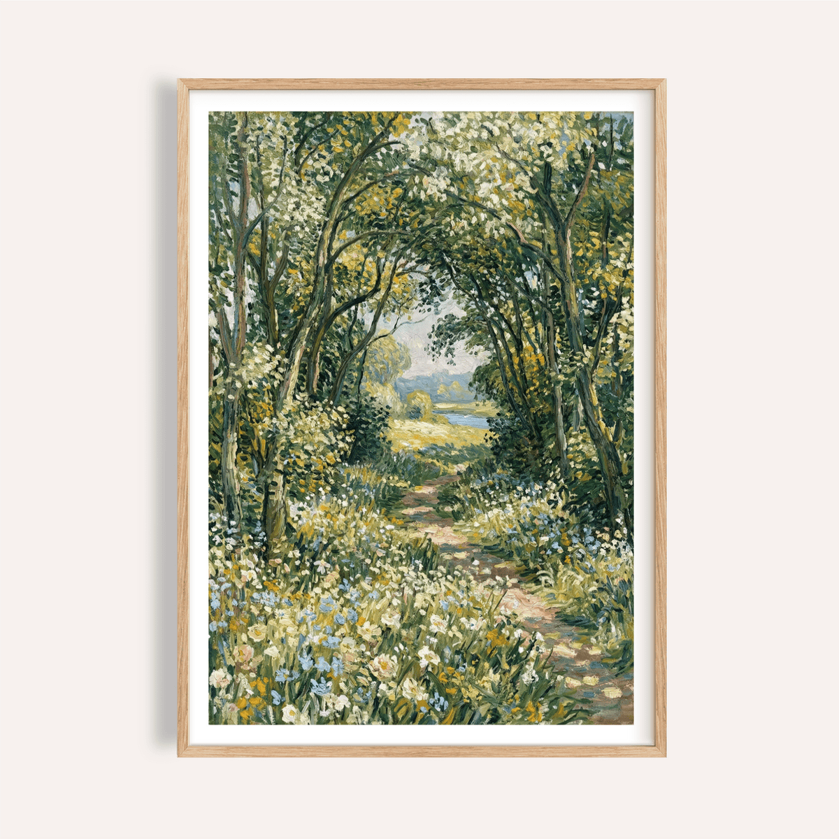 Framed Impressionist Art Print of a woodland path surrounded by green and white foliage