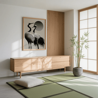 Print on a wall in a minimalist room showing two cranes in black white with a grey sun and a plant in a pot