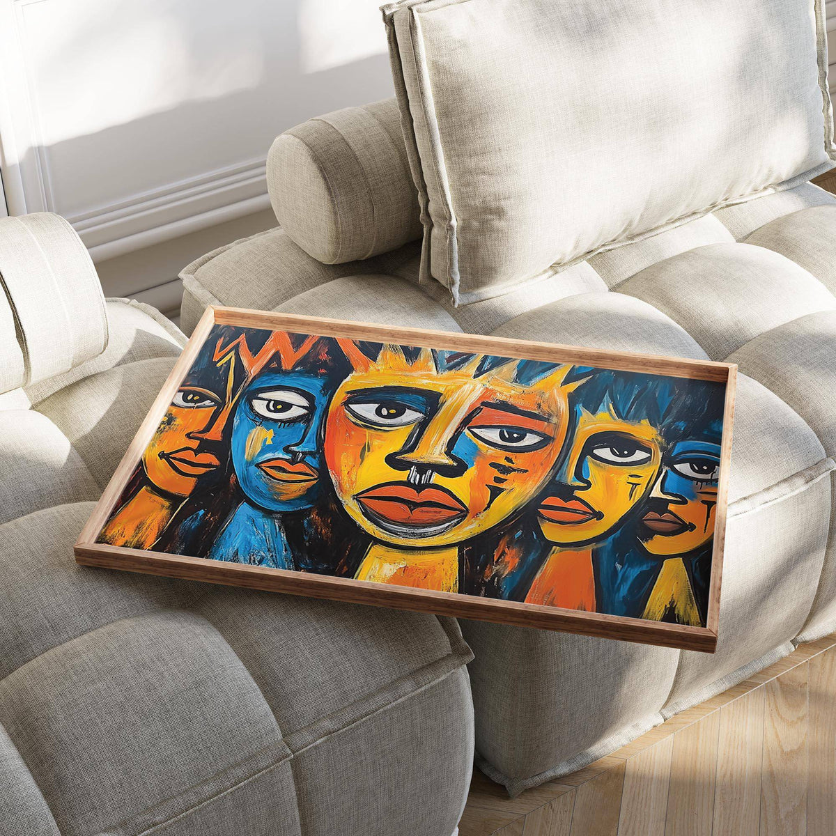 Tribal expression faces as wooden tray art with bright orange and blue on a beige fabric seat