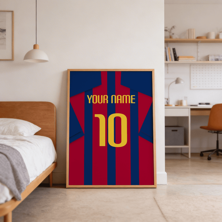 Football Shirt Poster in Red and Blue Stripes with Yellow Number leaning on the floor beside a bed in a bedroom