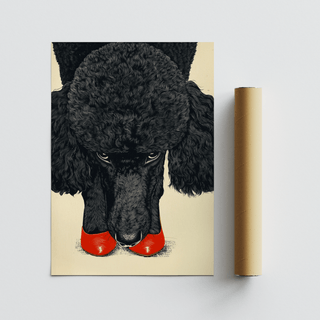 Poodle wall art print showing a black poodle with bright red shoes beside a packaging tube