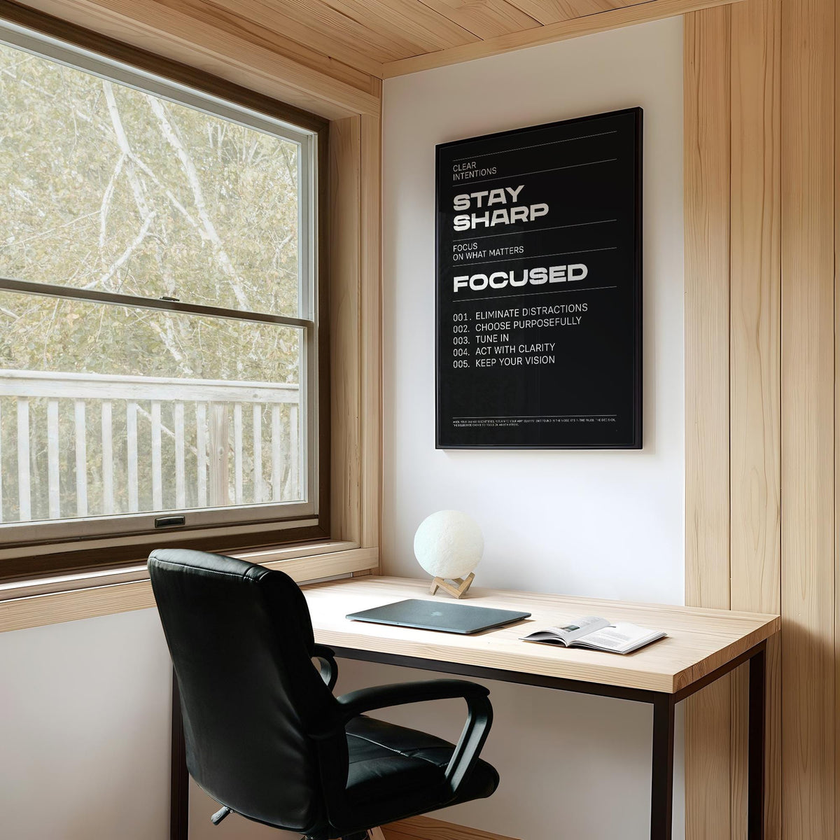 Stay Focused Poster framed print in black and white on a wall above a desk with a chair and a globe lamp in a wooden room
