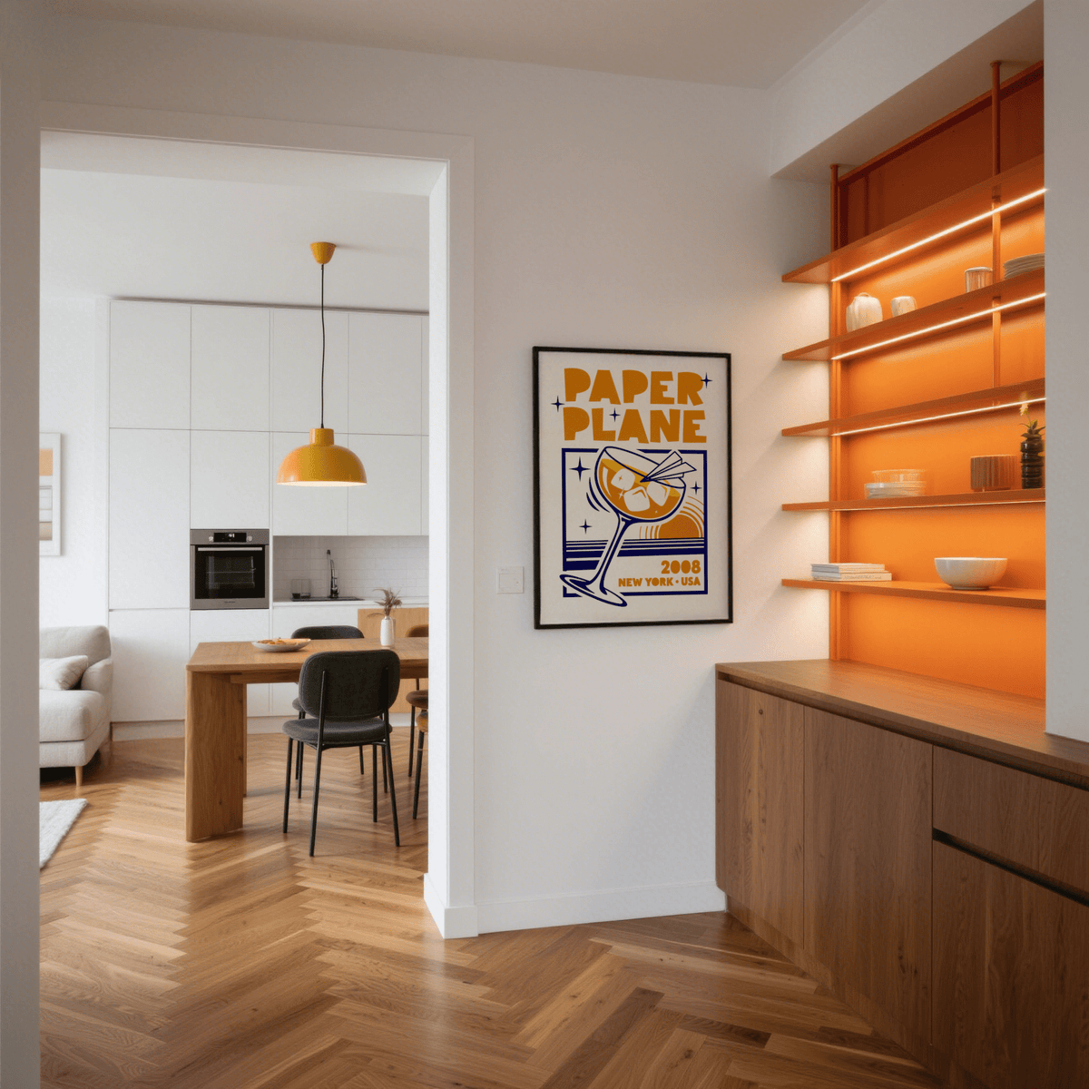 Paper Plane Cocktail Poster print on a wall with orange shelves and wooden cabinets in a dining area