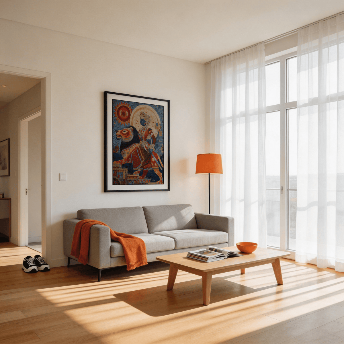 Indian Warrior wall art above a grey sofa in a bright room with orange lamp and throw