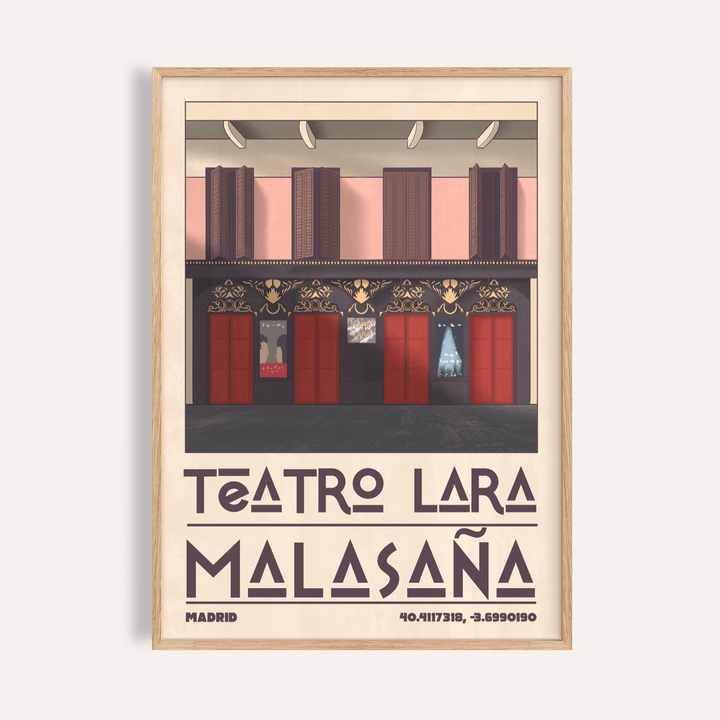 Framed Teatro Lara wall art of a minimalist red and pink theater facade with text below