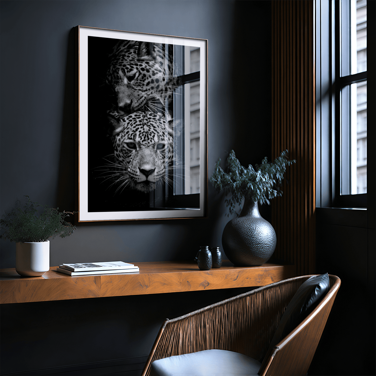Framed print of Leopard Photography Print showing two leopards in black and white above a wooden shelf with plants