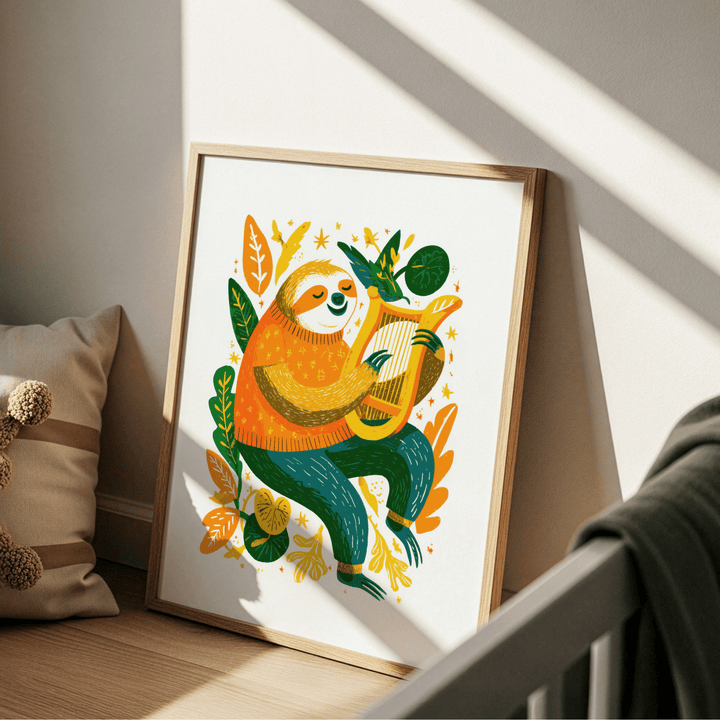 Sloth art print leaning on the floor with orange and green colours near a cushion