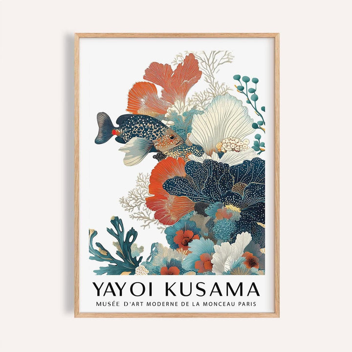 Tropical Fish Poster with illustrated reef fish and coral in orange and blue hues