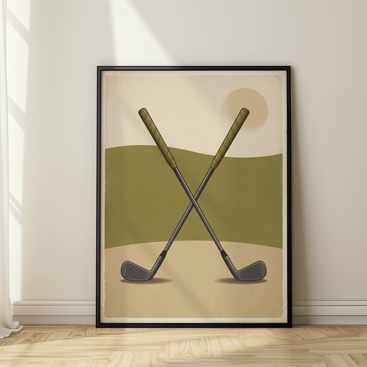 Crossed Golf Clubs Poster framed close-up with green hills and sun illustration in natural light