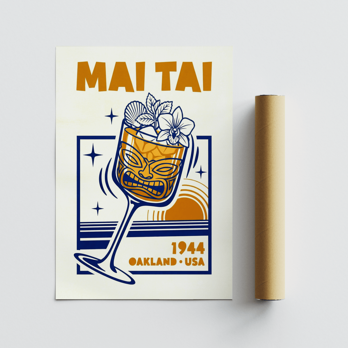 Mai Tai wall art flat on a surface next to a brown packaging tube